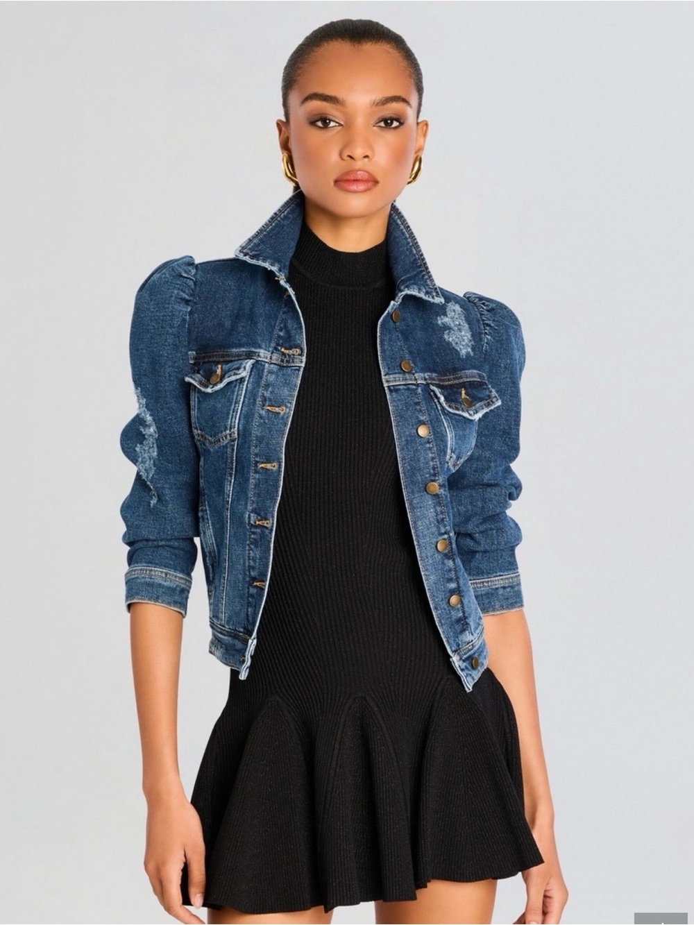 Puff-Sleeve Blue Denim Shirt Jacket